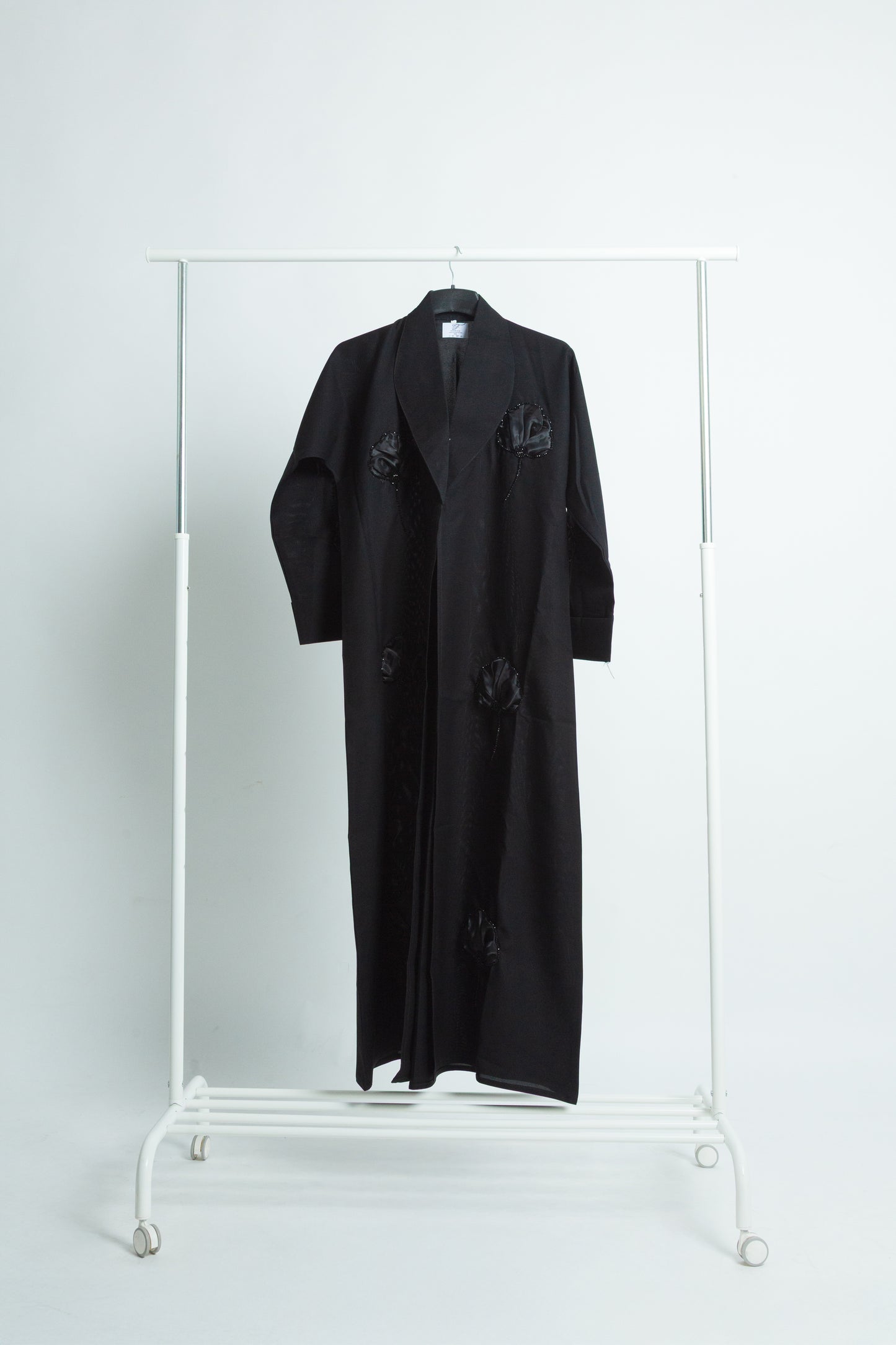Black Abaya with Shiny Floral Embroidery and Elegant Coat-Style Cut