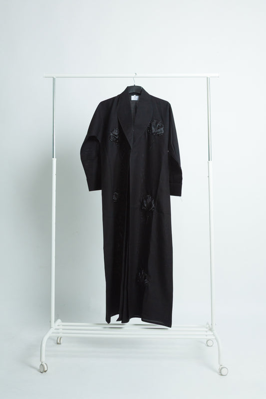 Black Abaya with Shiny Floral Embroidery and Elegant Coat-Style Cut